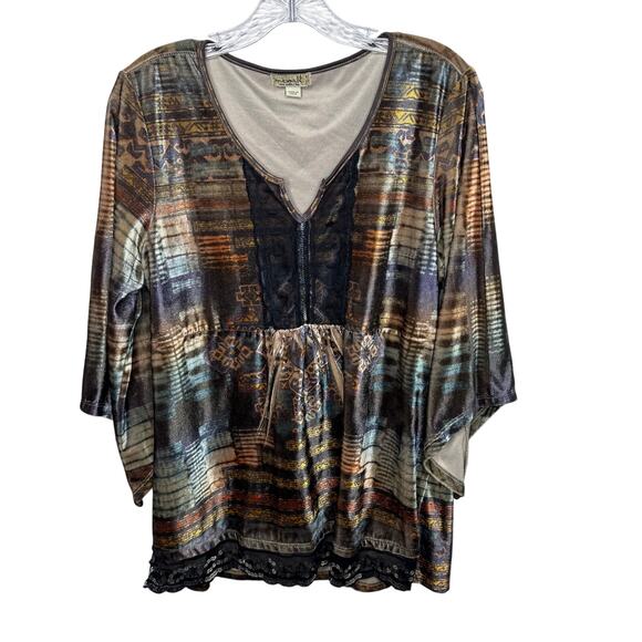 One World Women’s L Boho Velvet Knit Top Lace Trim Multicolor Tunic Blouse - Picture 1 of 7
